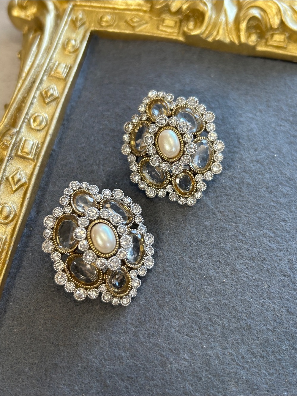 Vintage Monet Faux Pearl & Crystal Floral Clip-On Earrings - Gold Tone